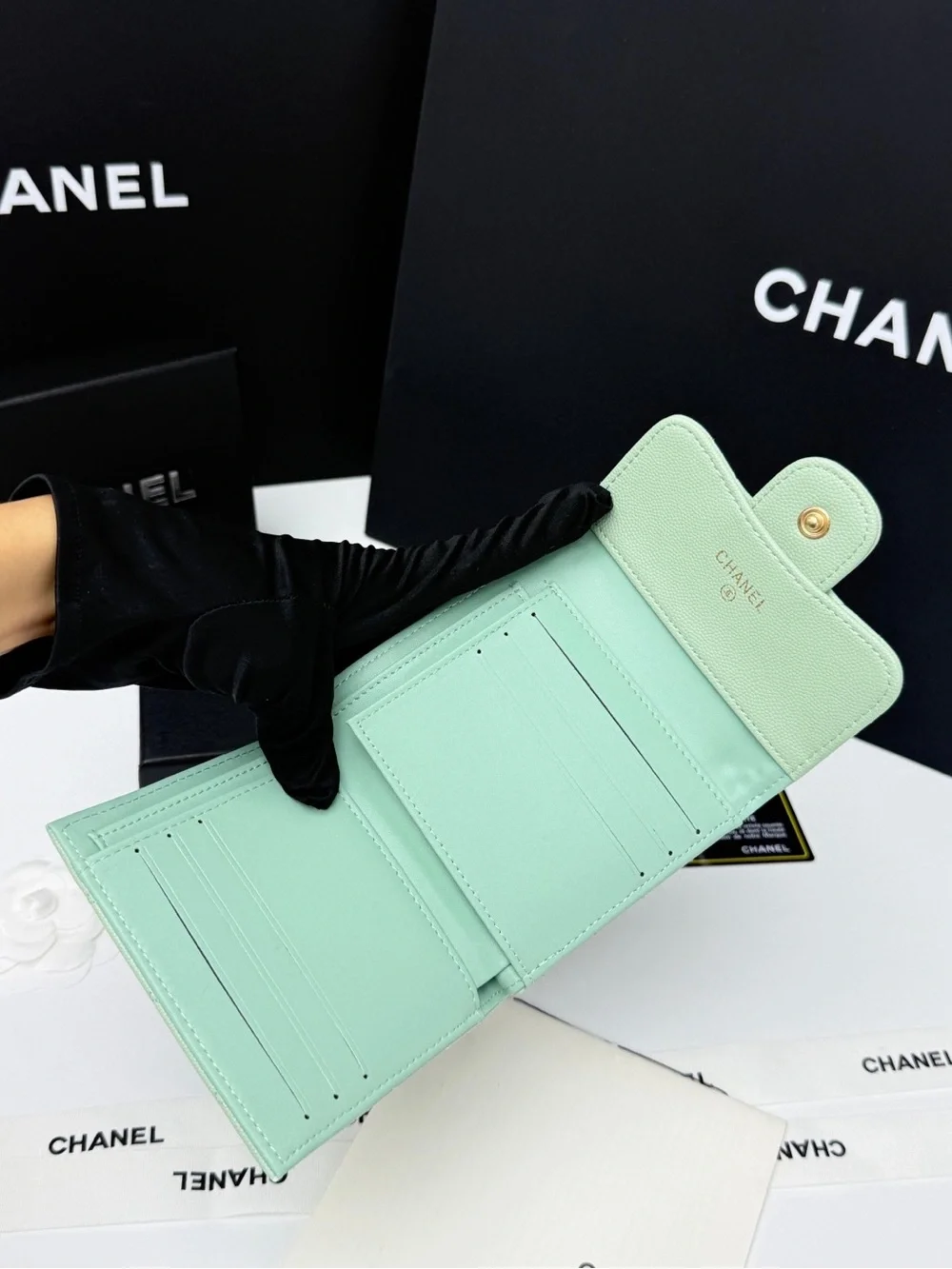 CHANEL Mint Quilted Caviar Leather Wallet with Gold CC